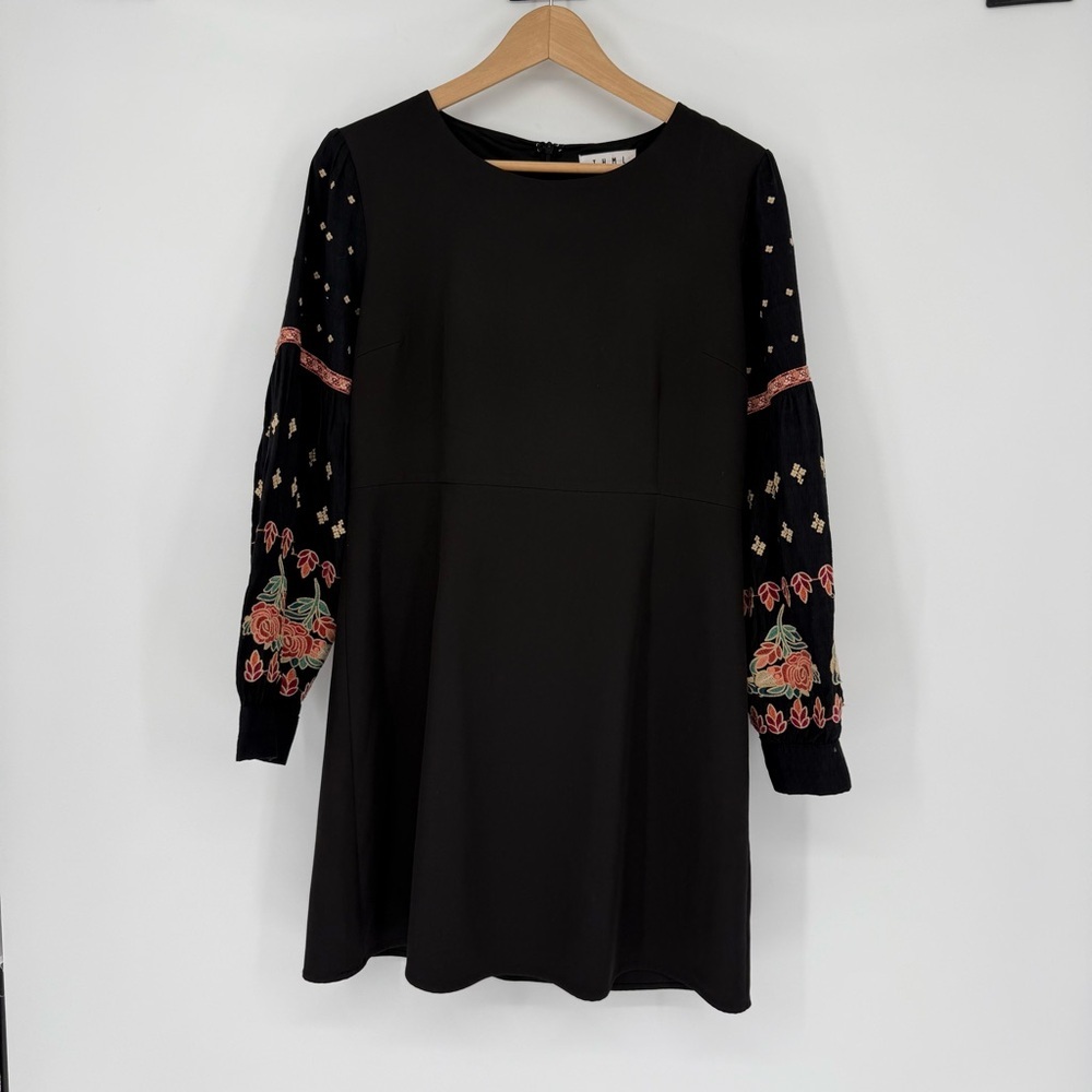 THML A Line Dress Medium Black Puff Sleeve Embroidered Boho Coastal‎ Cowgirl